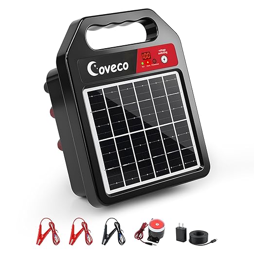 3in1 20Miles Solar Electric Fence Charger with Short Circuit & Open Circuit Alarms,Adjustable 8KV to 10KV(0.13J-0.33J), Real-Time Battery Level Light & 110 dB Removable Alarm,14 Days Protection