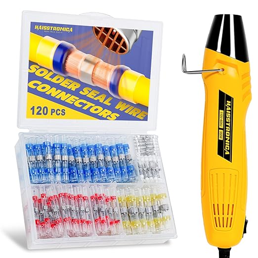 haisstronica 120 PCS Solder Seal Wire Connectors with Mini Heat Gun Kit, Waterproof Heat Shrink Wire Connectors, 10-26 AWG Solder Stick Wire Connectors for Automotive, Marine & Wiring Repair
