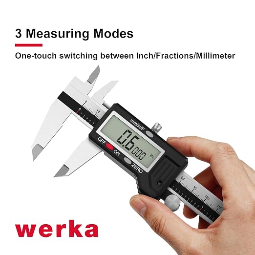 werka Digital Caliper, 0-6” Calipers Measuring Tool, Auto-Off Micrometer Caliper with 0.001”High-Accuracy,Inch/Fraction/Millimeter Conversions Button,4 Measuring Ways, Stainless Steel Construction