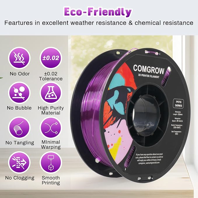 Comgrow PETG 3D Printer Filament 1.75mm, High Precision and Tough 3D Printer Filament 1kg (2.2LBS), Dimensional Accuracy +/- 0.02 mm, Fit Most 3D Printers Gradient Purple White