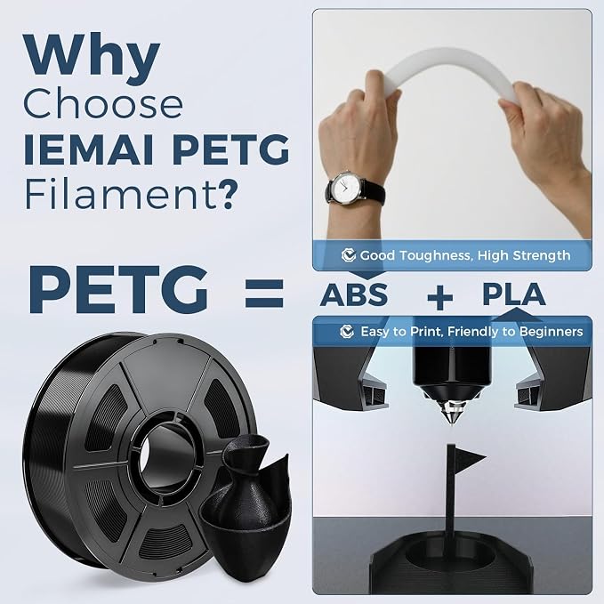 IEMAI Black PETG Filament 1.75mm 1kg, Tough & Durable 3D Printer Filament 30-300mm/s Printing Compatible with Bambu Lab, AMS, AMS Lite, Dimensional Accuracy +/- 0.02mm