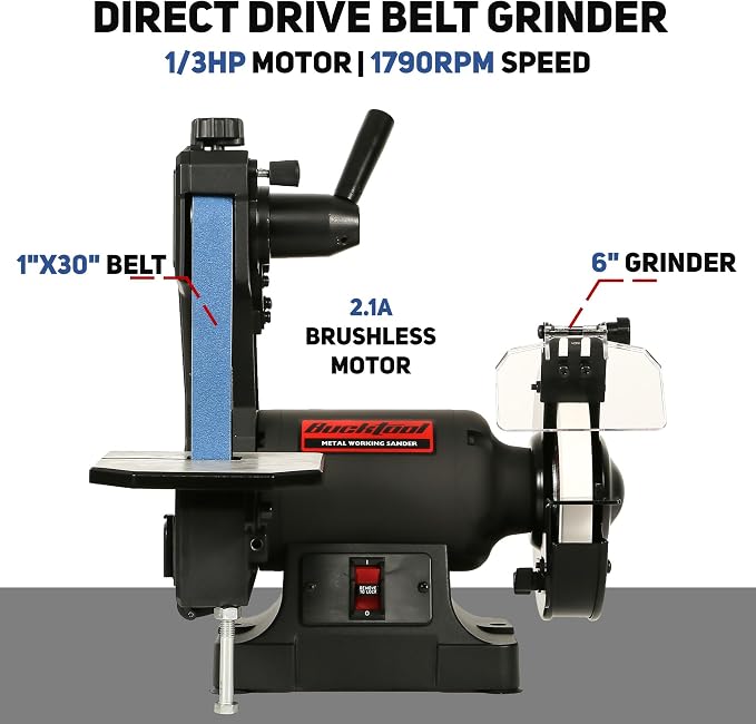 Bucktool Low Speed Bench Belt Grinder Combo, 2.1A 1x30 inch Belt & 6 inch Grinder, 1/3 HP Low Speed Bench Belt Disc Sander Combo for Knife Making, Sharpening, Woodworking, Metalworking