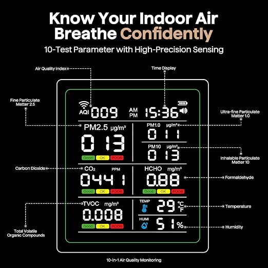 Air Quality Monitor Indoor, 10-in-1 Portable Smart Air Quality Tester for CO2 | TVOC | HCHO | AQI | PM2.5 | PM1.0 | PM10 | Temp | Humidity and Time for Home, Office, Cars, Hotel, School, Black