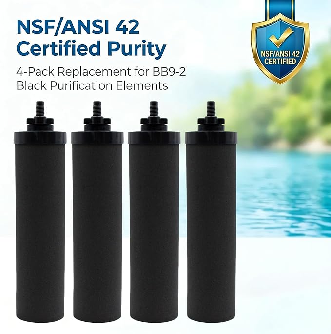 Black Filter 4 Packs, NSF/ANSI 42 Certified Replacement for BB9-2 Purification Elements, Compatible with Berkey Gravity Water Filtration System, Reduces Contaminants & Improves Water Taste