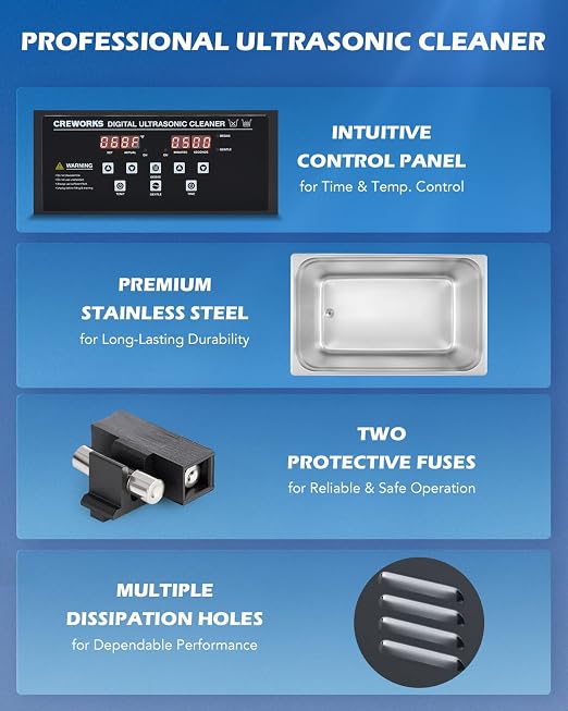 CREWORKS 30L Digital Ultrasonic Cleaning Machine with Degas and Gentle Mode, 600W Ultrasonic Cleaner Machine with Heater and Timer, 7.9 gal Ultrasound Cleaner for Retainer Watch Auto Tool Machine Part