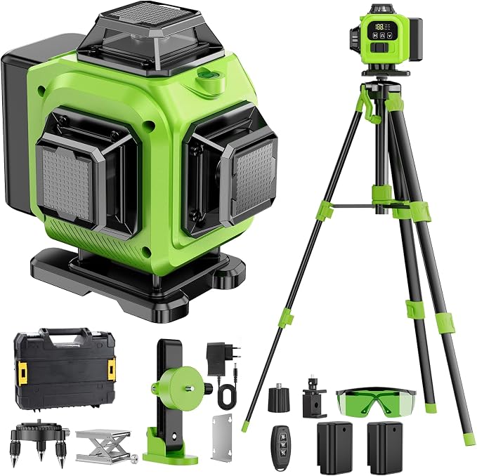 16 Line Laser Level 360 Self Leveling with tripod, 4x360°Professional 4D Green Cross Line laser Level with 2 Batteries & Remote Control, for Tiling Floor Construction and Picture Hanging