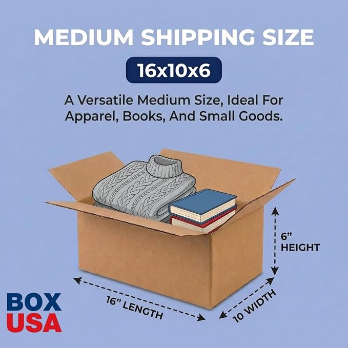 BOX USA Shipping Boxes 16"L x 10"W x 6"H, 25-Pack Medium Corrugated Cardboard Boxes for Shipping, Mailing, Packing, Packaging and Storage
