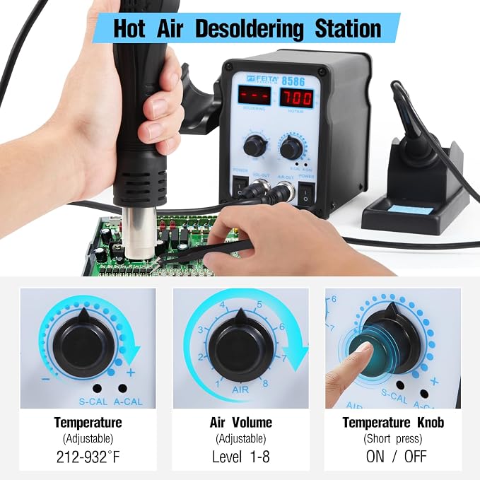 FEITA 8586 SMD Hot Air Rework Station 2 IN 1 Digital Soldering Iron & Heat Air Gun with 5 Solder Tips, 1 Solder Sucker, 1 Solder Wire, 1 Curved Tweezer, 3 Nozzles Kit