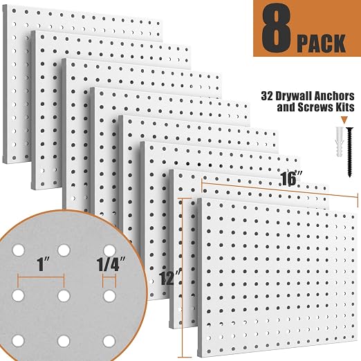 PBHEPJ 8 Pcs Metal Pegboard Panels, Heavy Duty Peg Boards for Garage and Garden Tool Storage, Includes Drywall Anchors and Screws Kits, White (8 pcs 16in x 12in)