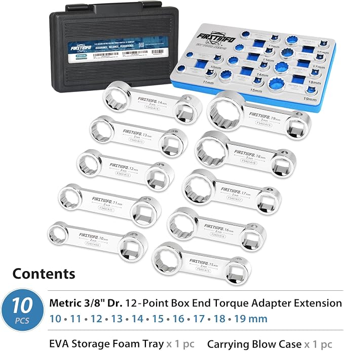 FIRSTINFO F3451A Taiwan 3/8-inch Drive Torque Adapter Set, 12-Point Box End, 10 to 19mm, Metric, 10-Piece with CR-V Construction | Blow Case and Mechanic's Tray
