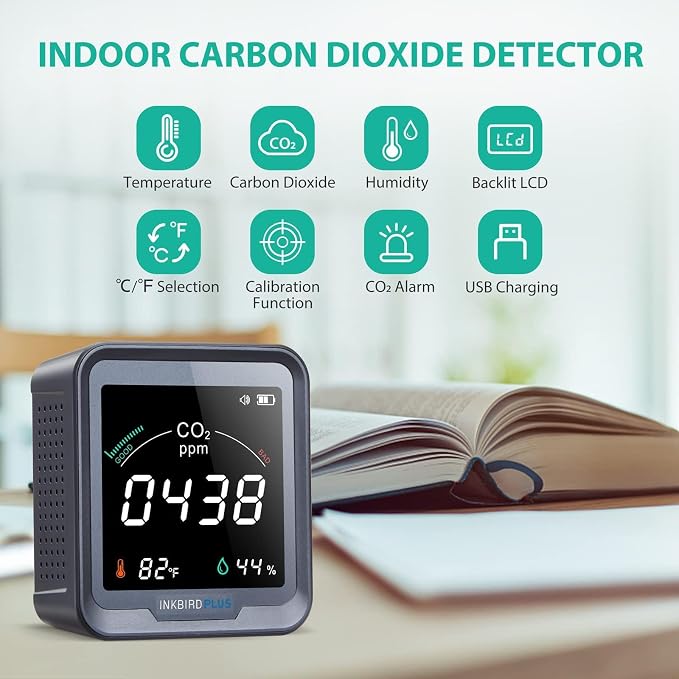 INKBIRDPLUS Ndir Air Quality Monitor Indoor with Battery Powered | 3 in 1 Detect for CO2 & Temperature & Humidity | for Home, Office, RV, Grow Tent (PTH-9C)