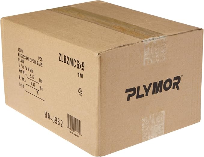 Plymor 6" x 9" (Case of 1,000), 2 Mil Zipper Reclosable Plastic Bags