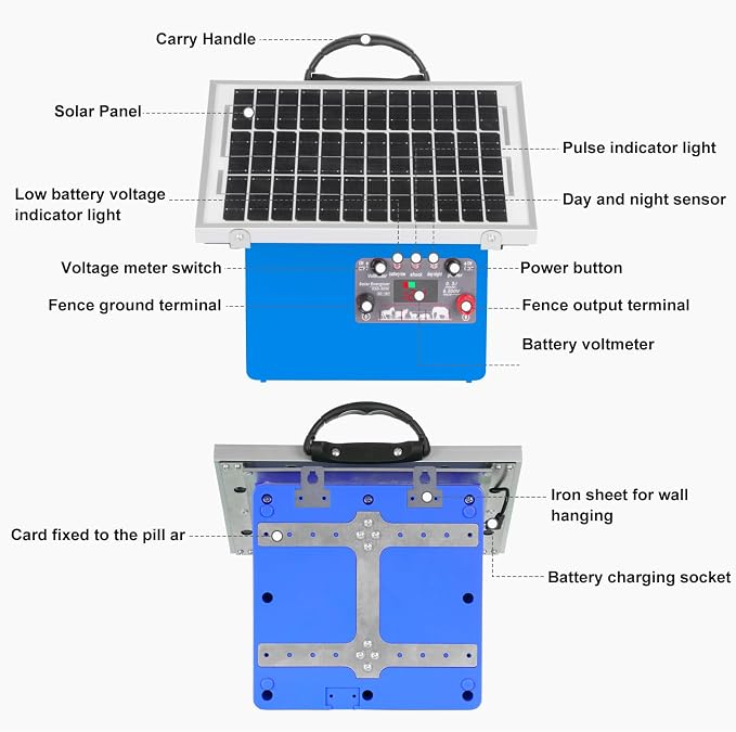 20 Miles Solar Electric Fence Charger,Auto-Adjusting Electric Output Voltage,0.5 Joule Electric Fence Energizer with 7.5W Solar Panel/7Ah Battery,for Livestock,Cattle,Raccoon, Deer,Goat.