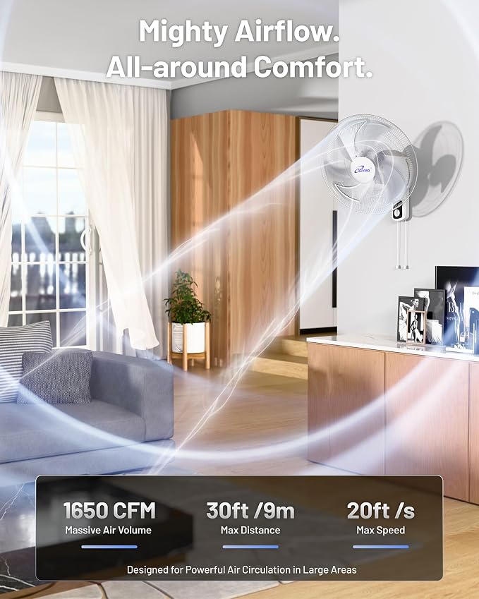 iLiving Glow Oscillating Wall Mount Fan with Adjustable Tilt, 18-inch, 3 Speed, Metal Grille and Blade, 90 Degree Oscillation, Airflow 1650CFM, Ideal for Home, Bedroom, Gym & Office, Greenhouse
