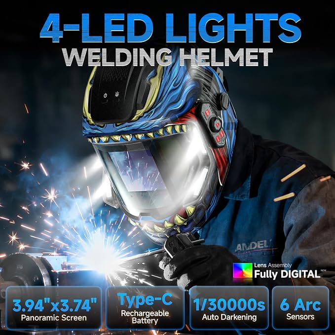 ANDELI Welding Helmet with 4 LED Light, 180° Panoramic 6 Arc Sensor True Color Auto Darkening Welding Hood with Internal Display, 2400mAh Rechargeable Battery for TIG/MIG/Cut/Grind MONERDB-LED-PRO