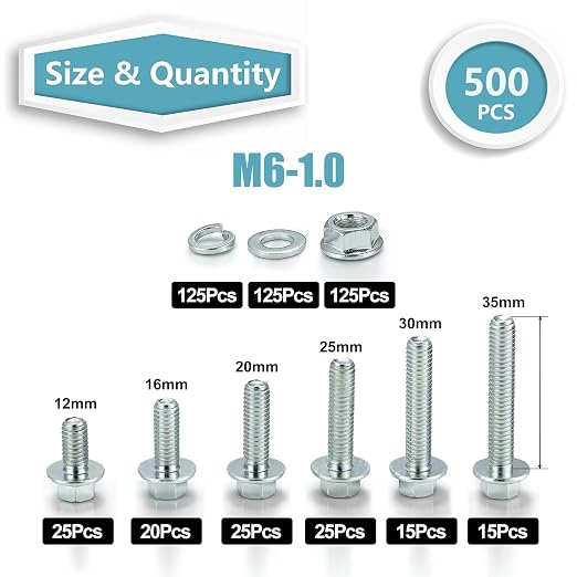 Kadrick 500Pcs Flange Hex Bolts and Nuts Kit,M6 x1.0 （M8 x1.25 M10-1.25 Available） (12mm to 35mm) Metric Bolt Assortment,Alloy Steel Class 8.8 Zinc Plated