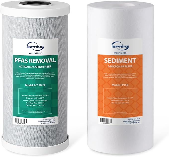 iSpring F2WGB21BPF 2-Stage Whole House Water Filter Replacement Set for WGB21B-PF，Reduces up to 99% PFAS (PFOA/PFOS), 10” x 4.5” Filters, 1" Inlet/Outlet
