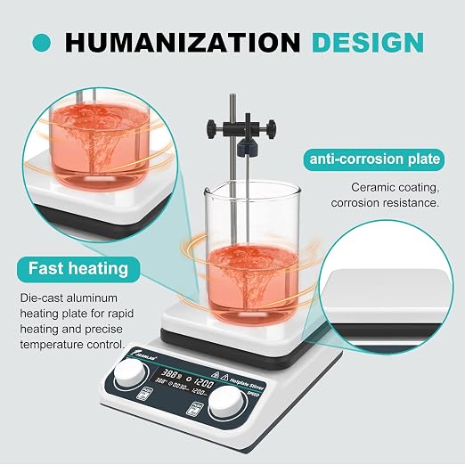 JOANLAB Magnetic Stirrer Hot Plate HS-6C | 280°C, 200-1500 RPM, 3L Stirring Capacity | Digital, External Probe Included, 110V