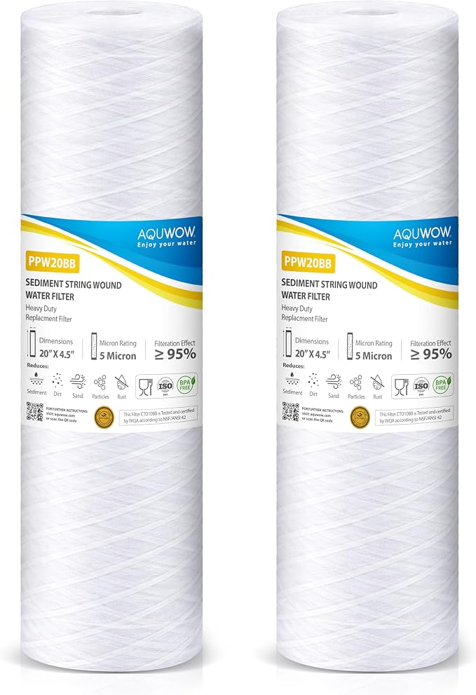 PPW20BB 5 Micron 4.5" x 20" String Wound Sediment Filter Set – Replacement Cartridges for Whole House & Under Sink Systems, Durable Depth Filtration (2, 20 x 4.5)