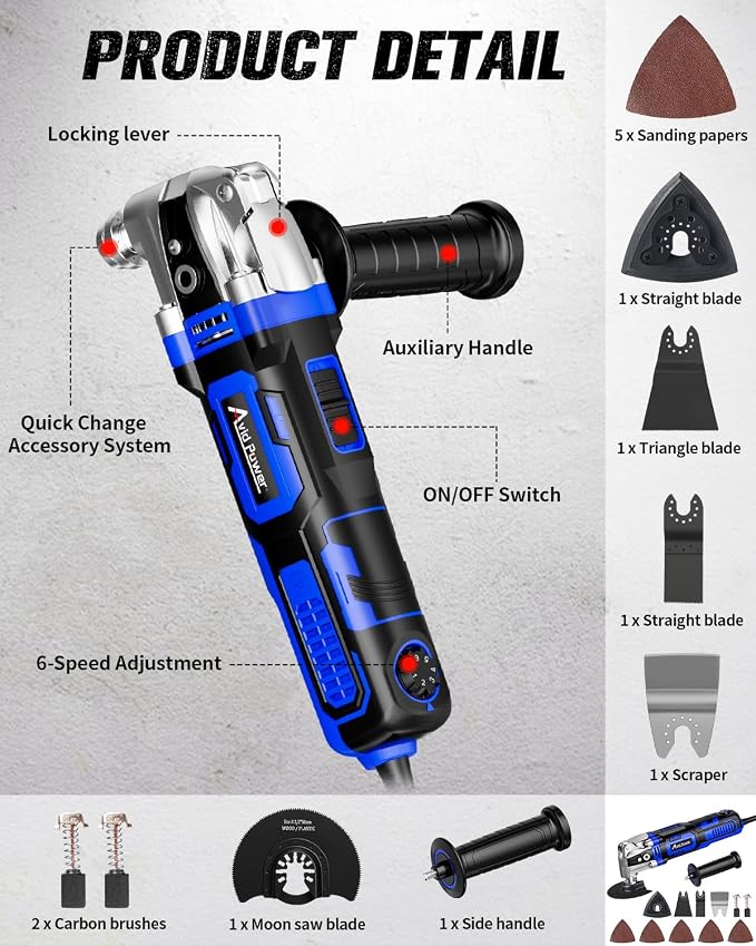 AVID POWER Oscillating Tool, 3.5-Amp Oscillating Multi Tool with 4.5° Oscillation Angle, 6 Variable Speeds and 13pcs Saw Accessories, Auxiliary Handle - Blue