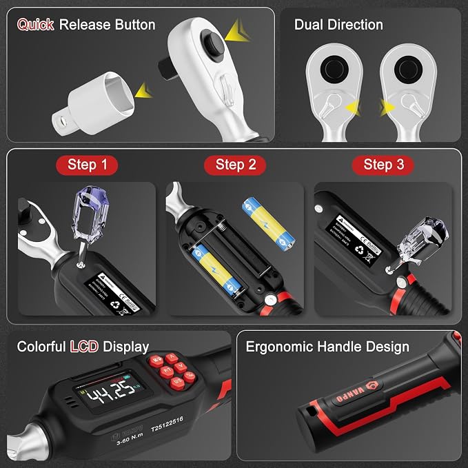VANPO Digital Torque Wrench 3/8-Inch Drive, 2.21–44.25 ft-lb for Motorcycle | 3–60 Nm, ±2% Accuracy, Electronic Torque Wrench with LCD Display,Audible & Color Feedback, for Bike, Car & Mechanical Repair