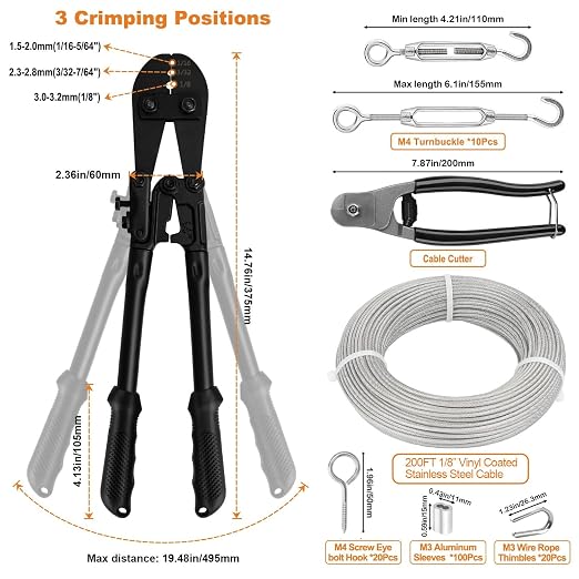 TooTaci 1/8" Wire Rope Kit with 200ft Vinyl Coated Stainless Steel Cable, Wire Rope Crimping Tool & Cutter, Turnbuckles for Cables Wires, Hanging Clothes, String Lights Hanging