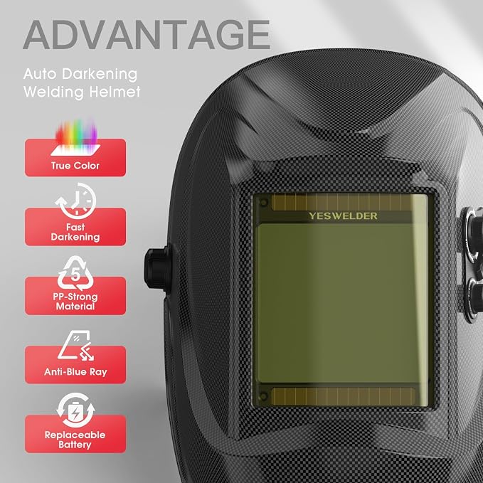 YESWELDER Stick Welder 125Amp Large LED Display Digital 110V ARC Welder & Large Viewing Screen 3.93"X3.66" True Color Solar Power Auto Darkening Welding Helmet, 4 Arc Sensors Welder Mask