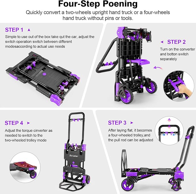 330LB Folding Hand Truck Moving Dolly, Hand Trucks Heavy Duty Combination of 4 Wheels and 2 Wheels Convertible Dolly Cart with Retractable Handle Dolly for Moving Office Carts(Purple)