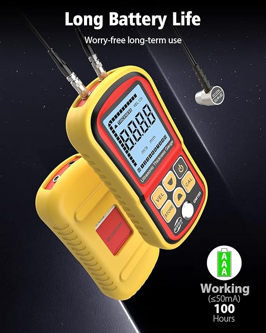 GM100 Digital Ultrasonic Thickness Gauge Meter, Range 0.047 to 8.85in, for Measuring Metal and Nonmetal Aluminum, Zinc, Silver, Gold, Tin, Iron, Steel, Copper, PVC, Glass, Zirconium, Nylon