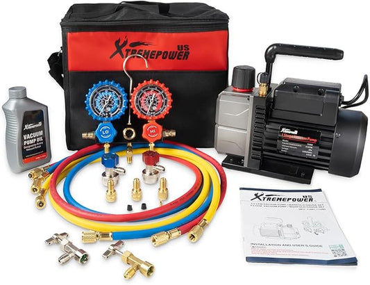 XtremepowerUS 4.5 CFM AC Vacuum Pump & 1/3HP Manifold Gauge Set HVAC Systems Commercial Use Refrigerant Service Kit with Hoses & Can Taps R134, R22, R410a Gauge