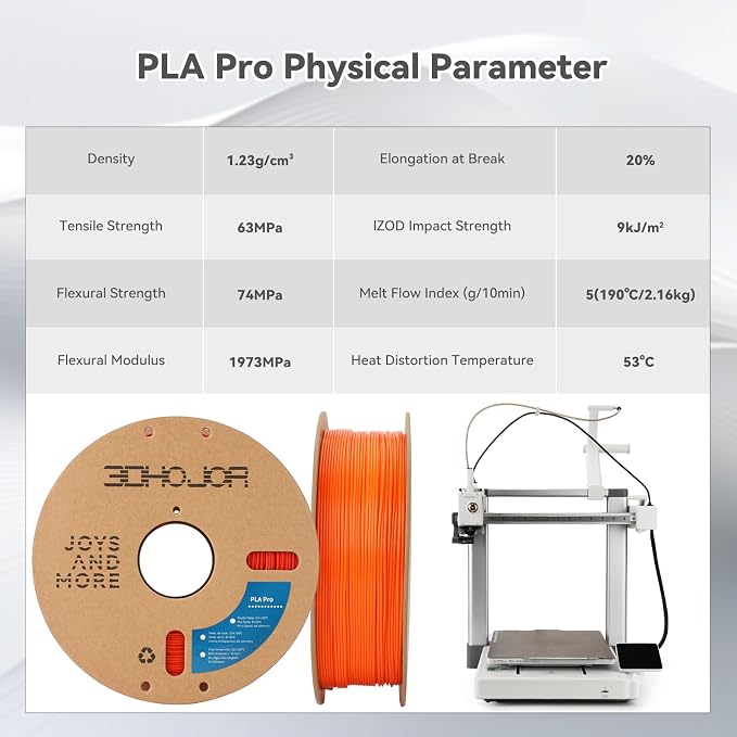 3DHoJor PLA Pro (PLA+) Filament 1.75mm, 3D Printer Filament, Cardboard Spool, Dimensional Accuracy +/- 0.03 mm Orange, 1kg