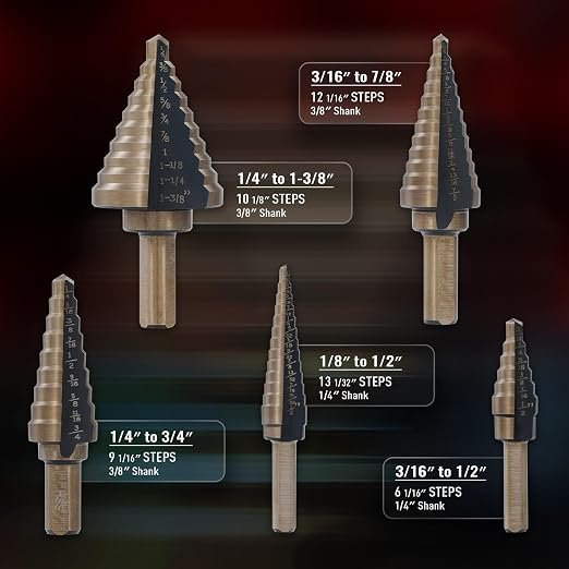 Step Drill Bits, HSS 5PCS Titanium Step Drill Bit Set, 50 Sizes in 5 High Speed Steel Unibit Drill Bits Set for Sheet Metal with Aluminum Case, Multiple Hole Stepped Up Bits for DIY Lovers