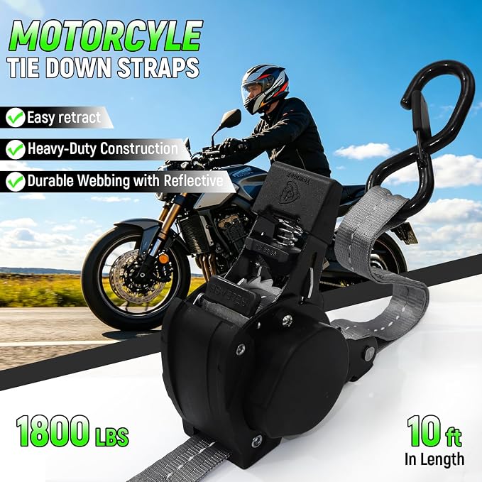 Retractable Ratchet Straps (Patented-2pack) - 1 inch x 10Feet (1,800lb Break Strength) Auto Self Retracting Tie Down Straps - Self Retractable Straps with Refletcive for Motorcyle, Truck or Cargo