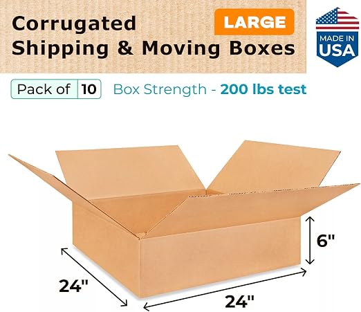 Large Shipping & Moving Boxes 24x24x6 inches (10-Pack) - Extra Strength 200 lb vs Regular - USA-Made Corrugated Large Shipping Boxes for UPS, FEDEX - Cardboard Packing & Shipping Box by IDL Packaging