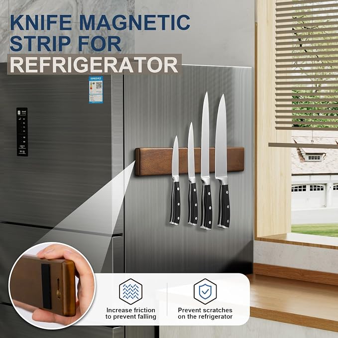 Knife Magnetic Strip 16 Inch + Japanese Santoku Knife 7 Inch, Acacia Wood Magnetic Knife Holder for Refrigerator, Wall Mount Magnet Knife Bar with 4 Hooks