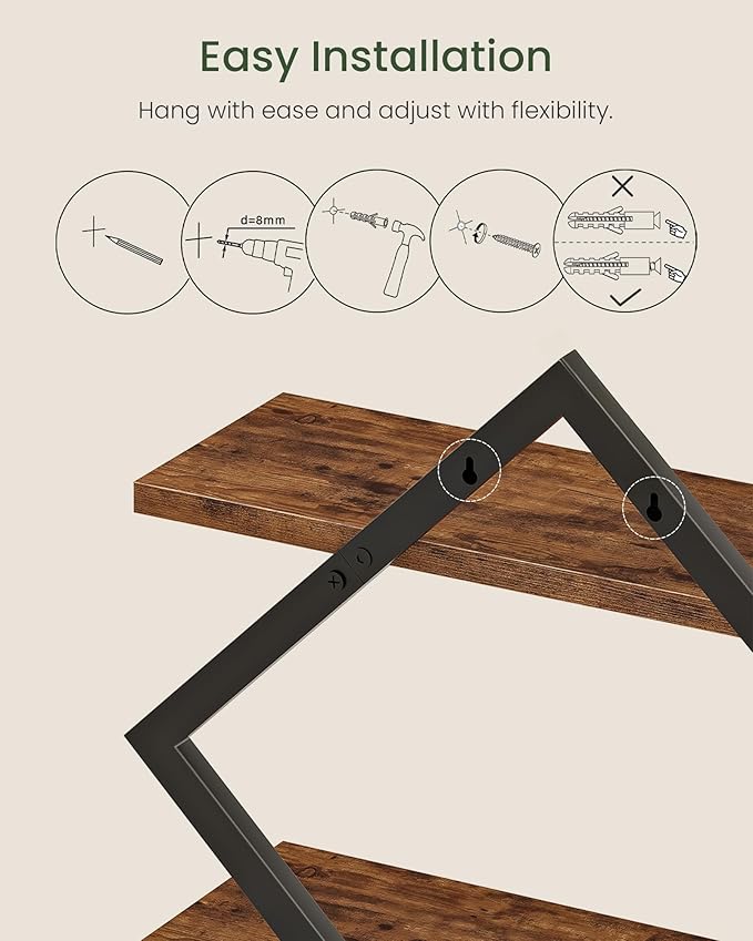 CHOEZON Floating Shelves, Set of 2 Wall Shelves, 2-Tier Hanging Shelves, Wall Shelf Set of 2, Wall Mounted Shelves, for Living Room, Bedroom, Kitchen, Office, Study, Rustic Brown TBJ01P2BF