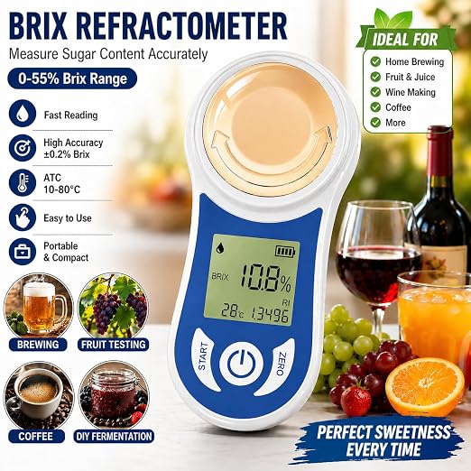 Digital Brix Refractometer 0-55% with ATC, ±0.15% Accuracy, 3-Second Results, Rechargeable Sugar Content Tester for Fruits, Juice, Home Brewing, Wine, Coffee
