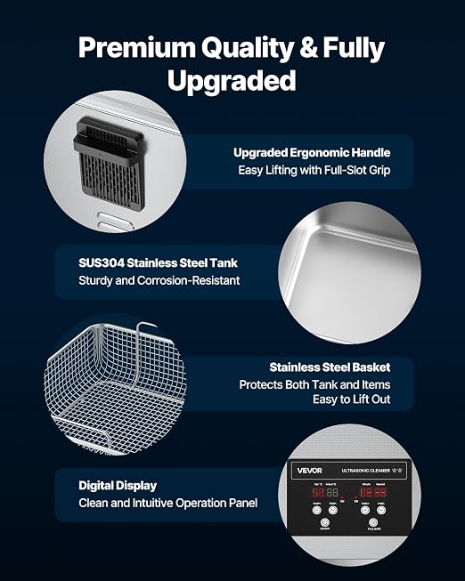 VEVOR 15L Ultrasonic Cleaner, Professional Ultrasonic Cleaner Machine with Cleaning Basket & Digital Display, 240W Stainless Steel 40kHz Industrial Cleaning Machine for Parts, Carburetors, Instruments