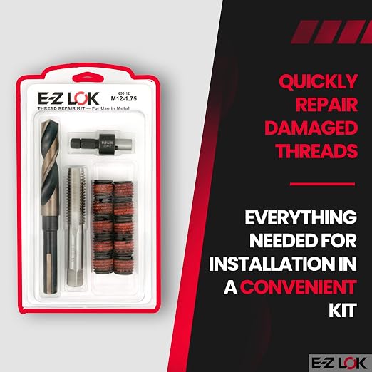 E-Z LOK EZ-650-12 Thread Repair Kit for Metal Carbon Steel Threaded Inserts M12-1.75 and Installation Tools