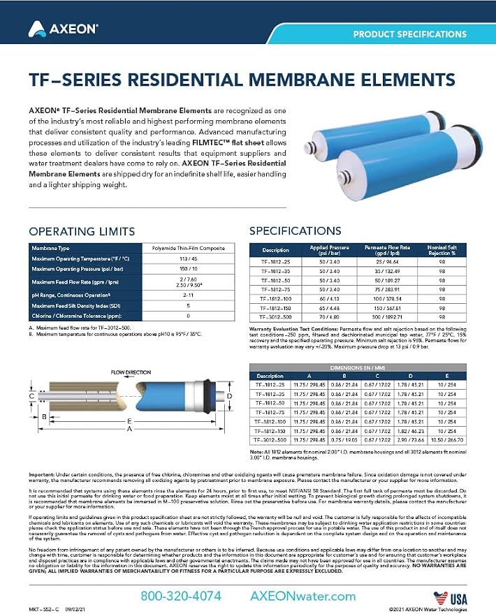 AXEON TF-1812-50 Reverse Osmosis TFC 50 GPD Membrane – Genuine OEM Replacement RO Element for Under-Sink Residential Drinking Water Filtration Systems, 200359