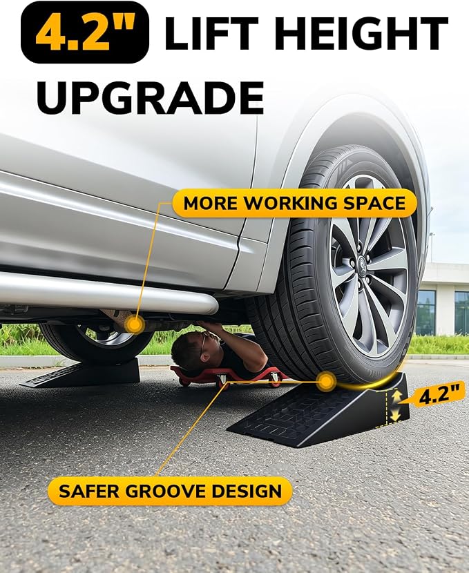 ROBLOCK Car Ramps for Lift and Vehicle Maintenance, Portable Low Profile Car Ramps for Garage, Heavy Duty Tire Ramps for Low Chassis Cars and Support Jack, 26''x9.8''x5.9'', G.V.W 20000 LBS, 2 PCS