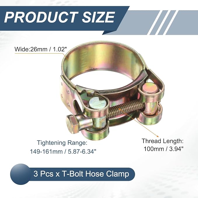 HARFINGTON 3pcs T-Bolt Hose Clamp 149-161mm (5.87-6.34") Galvanized Carbon Steel Adjustable Intake Radiator Pipe Clamps for Automotive Plumbing Industrial Pipes