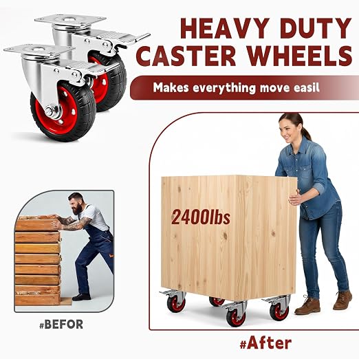 4 Inch Caster Wheels Heavy Duty with Dual-Lock Safety Brake and Rubber Tire Wheels, Heavy Duty - 300 Lbs Per Caster for Workbench, Trolley, Cabinet, Swivel Rubber Wheel 4-Packs with mounting Hardware