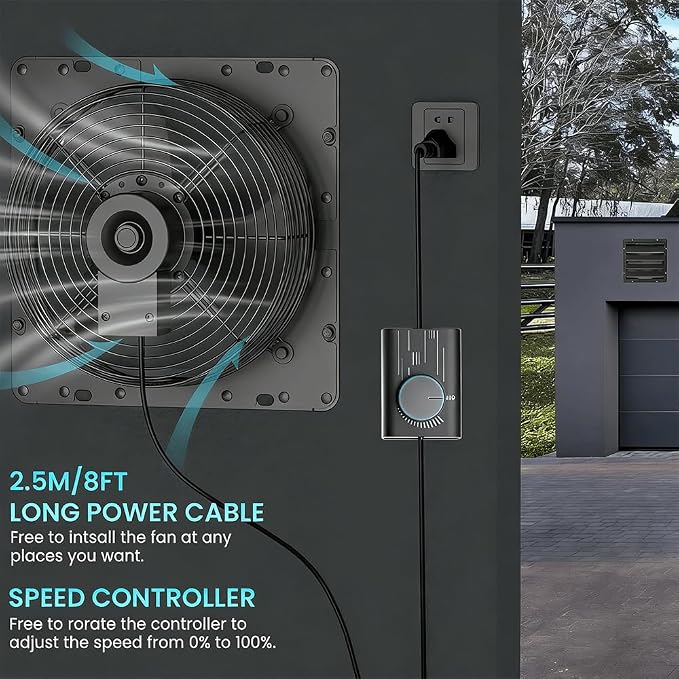 HG Power Upgraded 12 Inch Shutter Exhaust Fan with Speed Controller, 764CFM High-Speed Vent Fan, 1400RPM Wall Mounted Attic Fan for Shed, Garage, Greenhouse Ventilation, Black