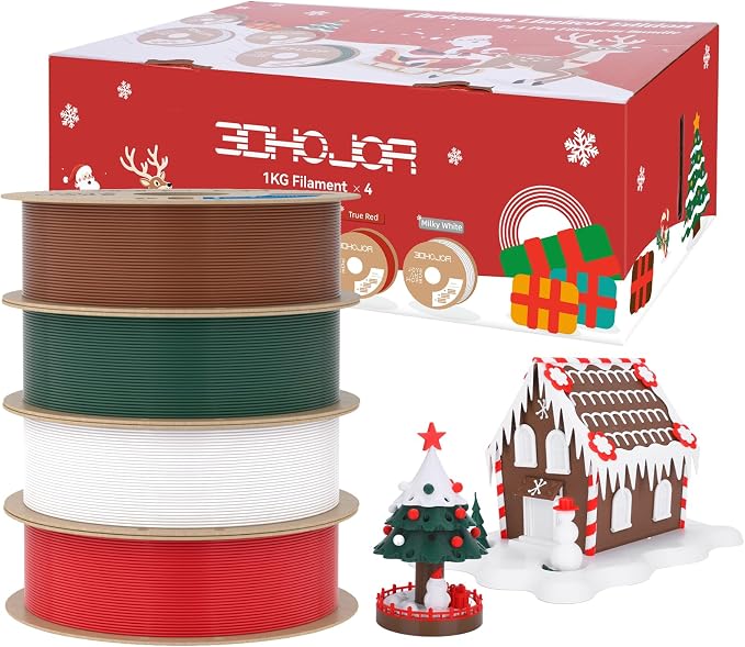 3DHoJor PLA+ Filament 1.75mm 3D Printer Filament + 1kg*4 Christmas Special Bundle Cardboard Spool Dimensional Accuracy +/- 0.03 mm - (True red/Milky White/Brown/Pine Green)