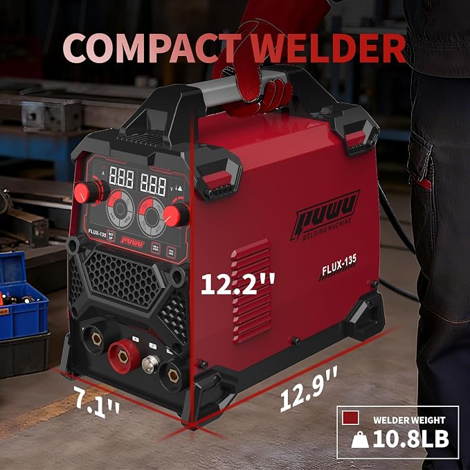 135Amp 110V MIG Welder,Flux Core MIG/Lift TIG/Stick 3-in-1 Multiprocess Welder,IGBT Inverter Large LED Digital Display Welding Machine(RED)