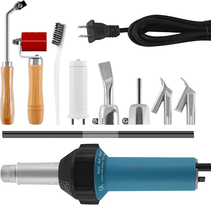 1600W 110V Hot Air Welder Heating Gun, TPO PVC Vinyl Welding Kit with Welding Speed Nozzle Roller Rod, 40-600℃ Adjustable Temperature, Handheld Hot Air Torch Plastic Welding Gun Blue
