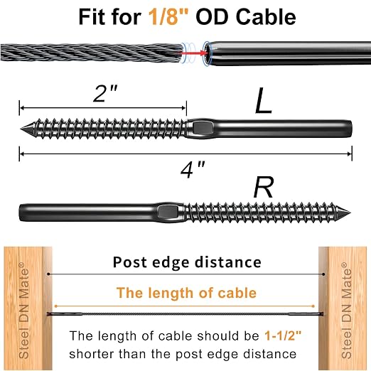 Steel DN Mate 100 Pack Black T316 Stainless Steel Left&Right Handed Thread Swage Lag Screws for Wood Post of 1/8" Black Cable Railing Kit, Deck Stair Railing, DIY Baluster kit, Wrench Included DM45