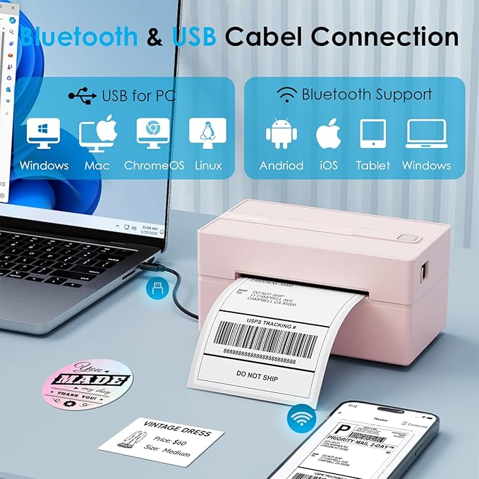 KNAON Bluetooth Thermal Shipping Label Printer, 4x6 Portable Thermal Address Label Printer for Small Business, Compatible with iPhone,Android,Windows,Mac,–Works with Etsy Shopify USPS&More, Pink