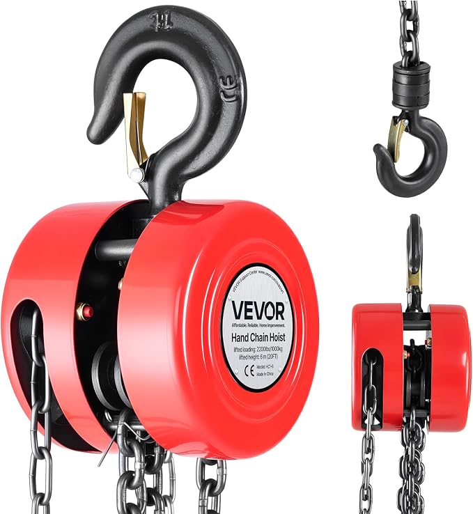 VEVOR Hand Chain Hoist, 1 Ton 2200 lbs Capacity, Manual Chain Block with Upgrade G70 Galvanized Chain, 20 ft Lifting Height, Heavy Duty Pulley Hoist for Garage Warehouse Automotive Machinery, Red